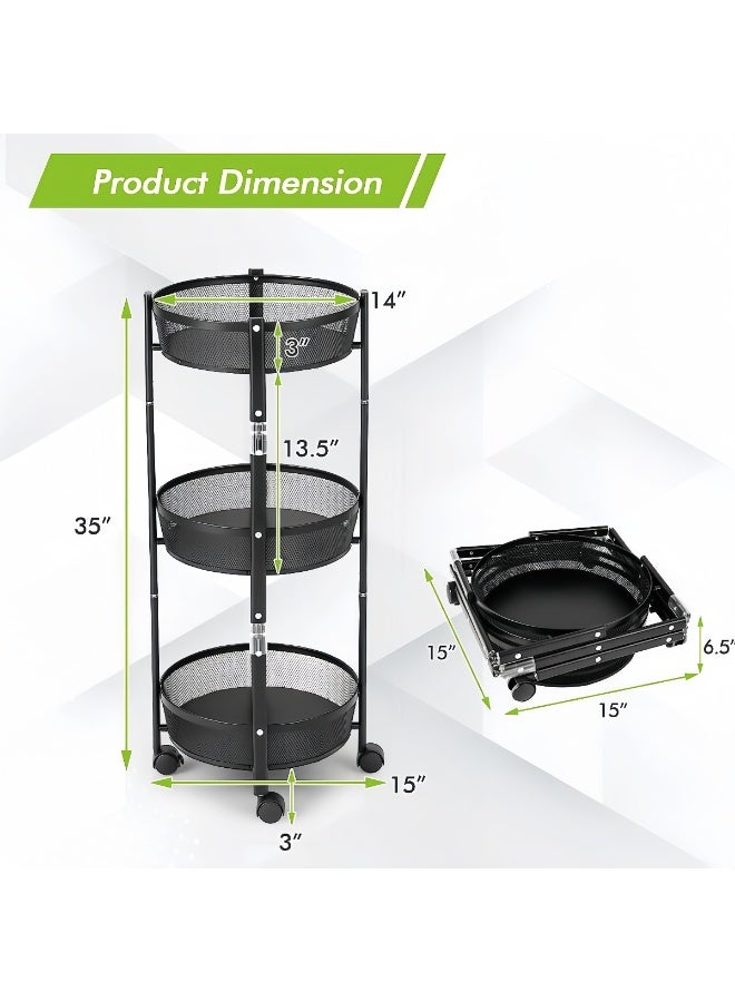 BLOOMING TIME 3 Tier Foldable Utility Rolling Cart with 360° Lockable Wheels,Collapsible Metal Storage Organizer Trolley for Kitchen, Bathroom, Office & Home, No Assembly Needed - Image 4